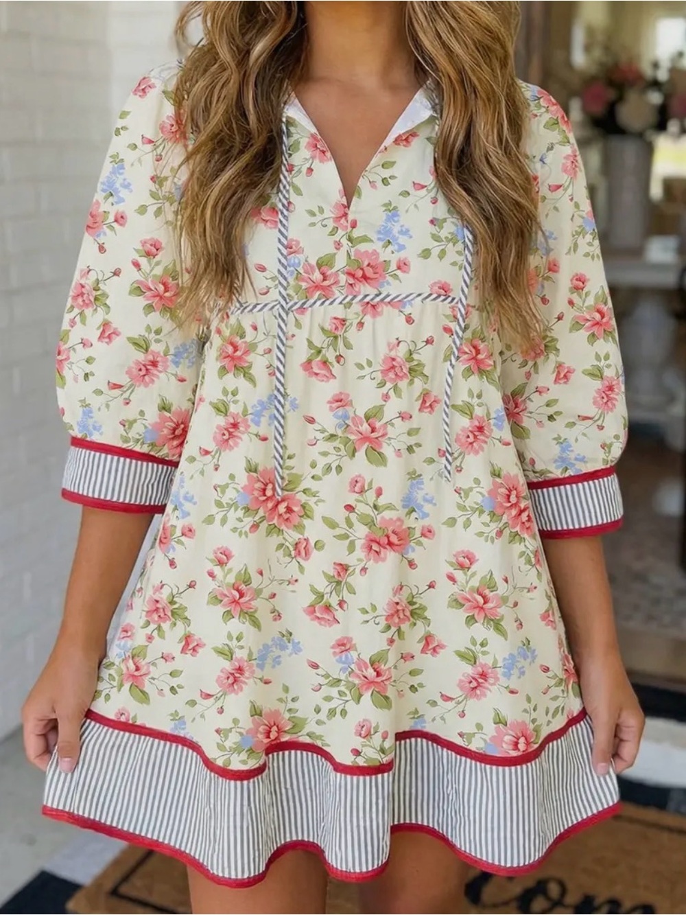 Floral Cream Mini Dress with Pink Blooms and Striped Trim - Picture 3 of 3
